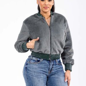 CA007 WOMEN'S ZIPPER CLOSURE FRONT POCKETS FUZZY BOMBER JACKET